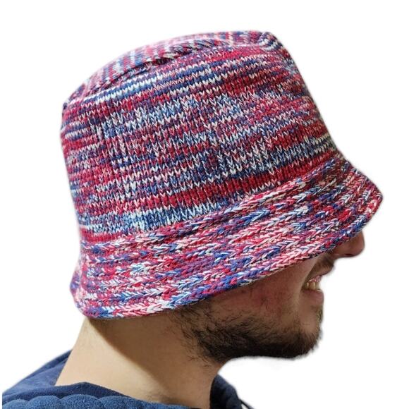 Knit Acrylic Bucket Hat Red Blue White Y2K Unisex NWOT - Picture 2 of 6